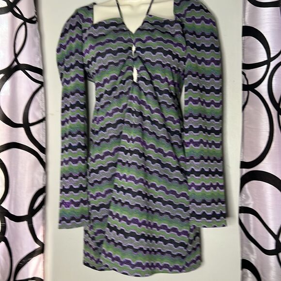 Vintage 90s Zara Green Purple Metallic Geo Striped Cutout Mini Dress Size M - Picture 3 of 11
